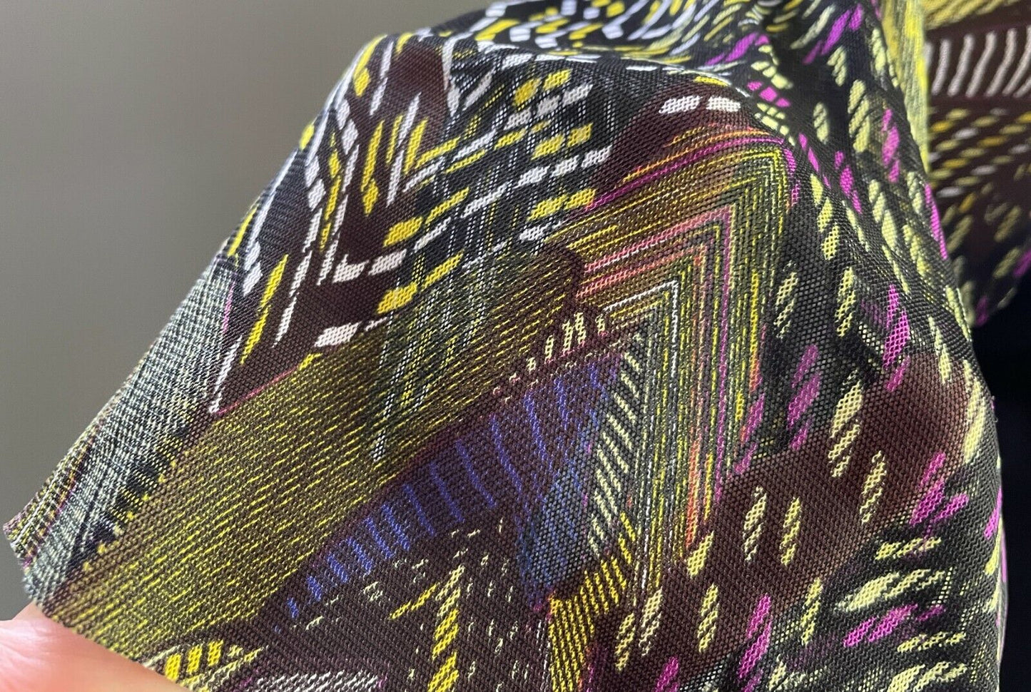 SASH Dress Black & MultiColoured Mesh Net Insert 3/4 Sleeve Empire Waist Size 14
