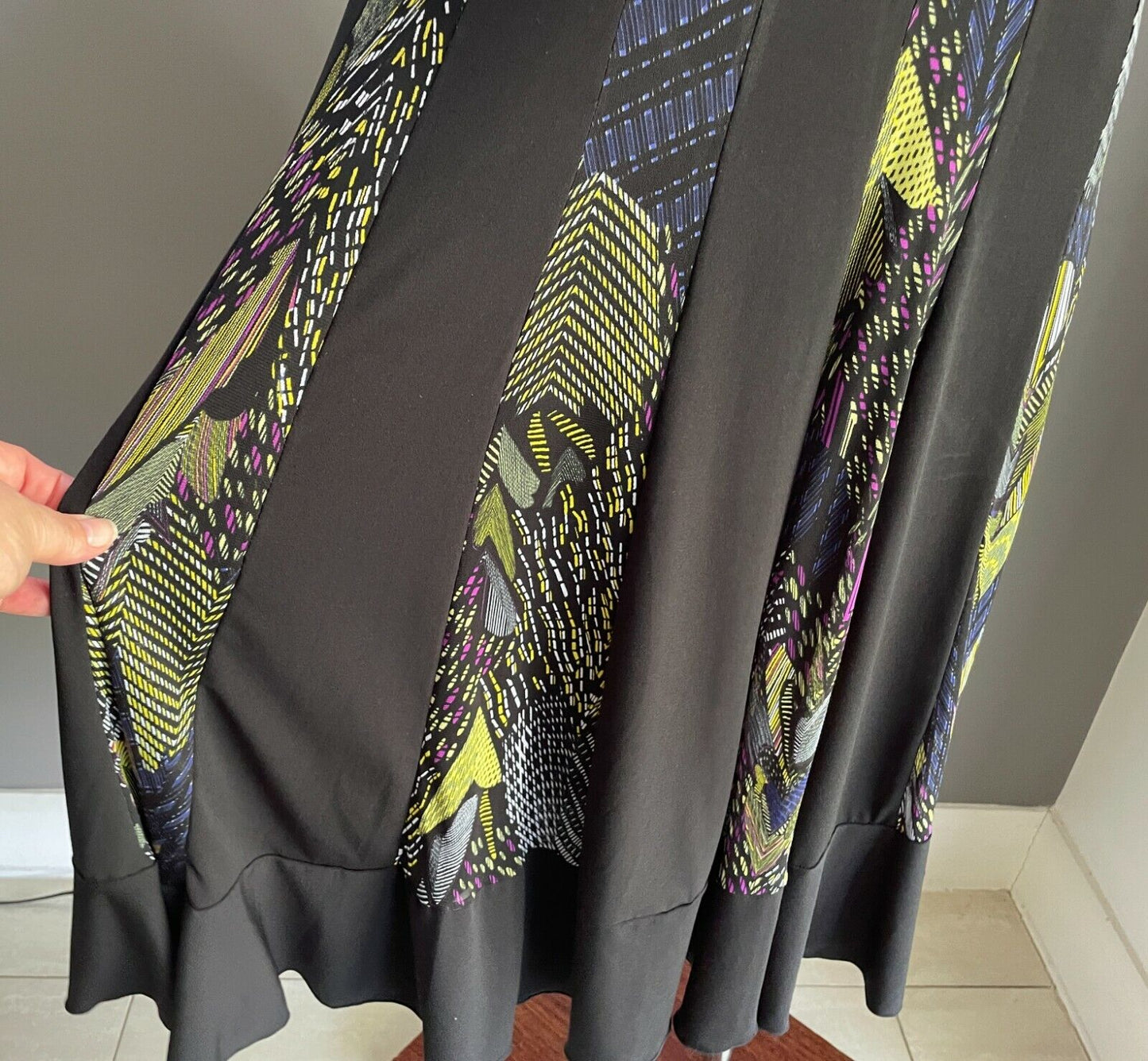 SASH Dress Black & MultiColoured Mesh Net Insert 3/4 Sleeve Empire Waist Size 14