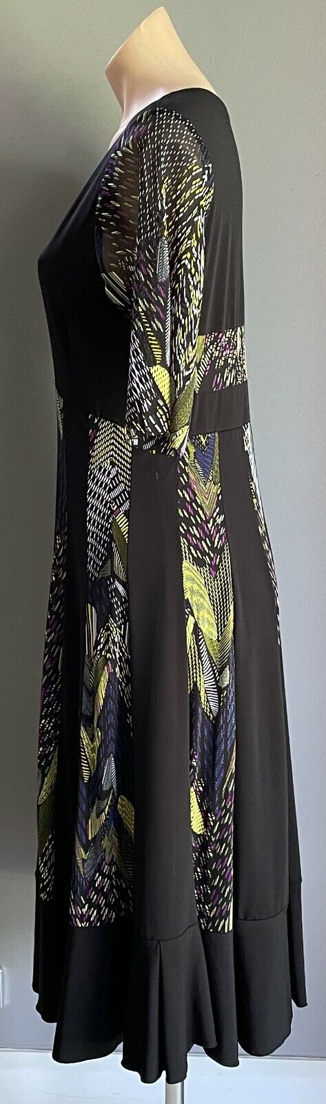 SASH Dress Black & MultiColoured Mesh Net Insert 3/4 Sleeve Empire Waist Size 14