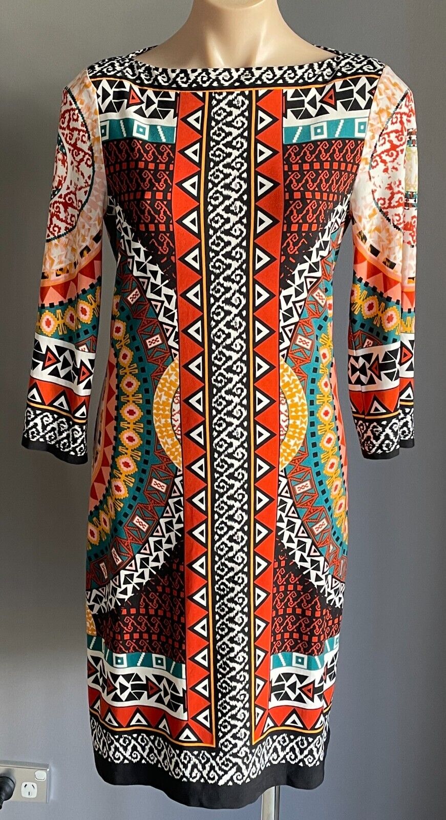 ECI NEW YORK Dress Multicoloured Print 3/4 Sleeve Knee Length Shift Size 6 AU 10