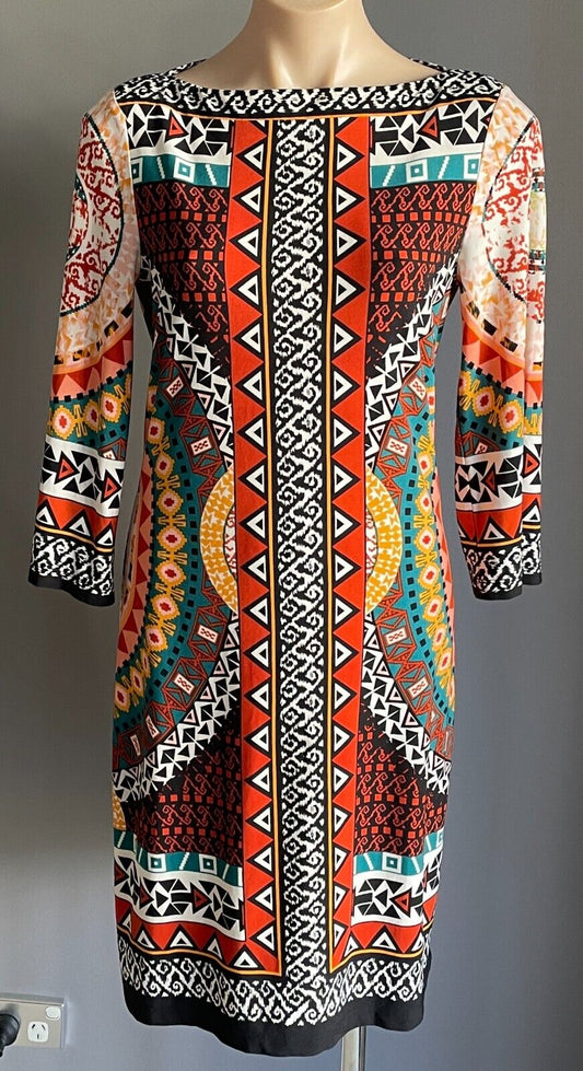 ECI NEW YORK Dress Multicoloured Print 3/4 Sleeve Knee Length Shift Size 6 AU 10
