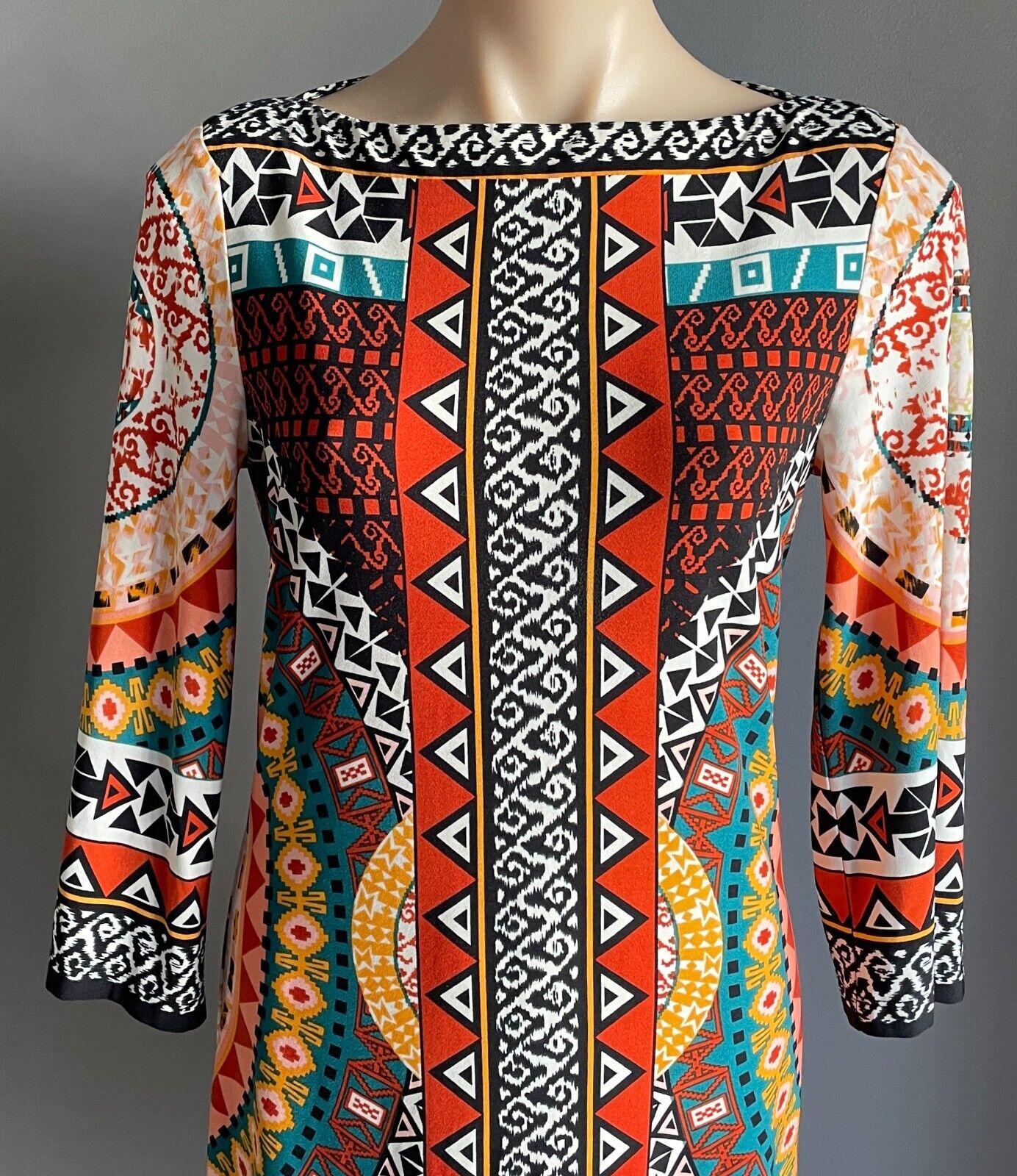 ECI NEW YORK Dress Multicoloured Print 3/4 Sleeve Knee Length Shift Size 6 AU 10
