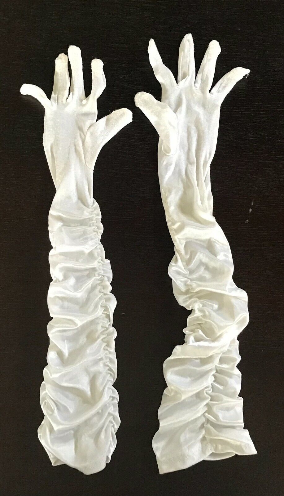 Vintage LONG GLOVES Nylon White Stretch Ruched Elbow Length Formal Opera Satin