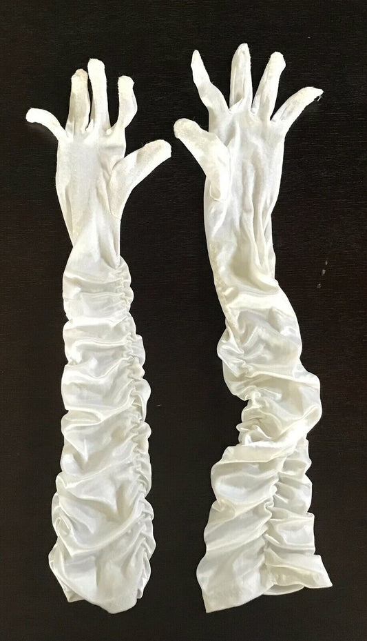 Vintage LONG GLOVES Nylon White Stretch Ruched Elbow Length Formal Opera Satin