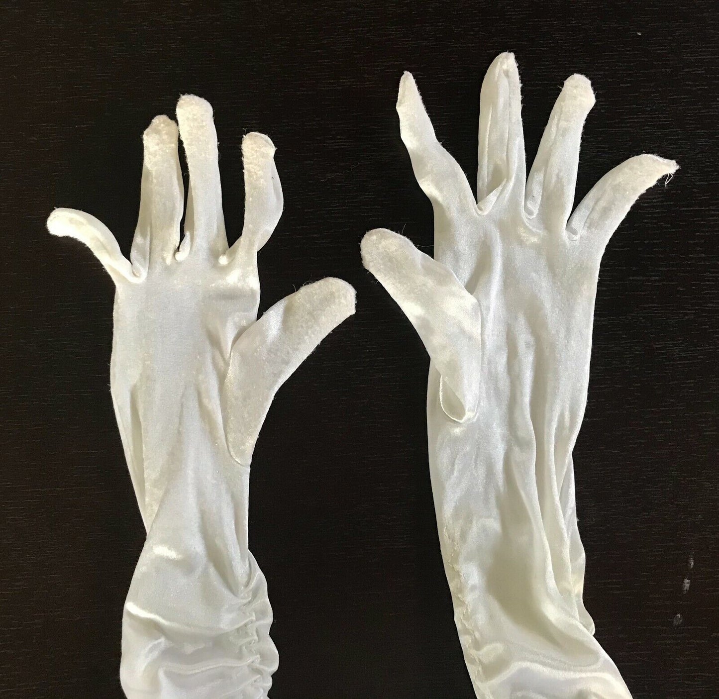 Vintage LONG GLOVES Nylon White Stretch Ruched Elbow Length Formal Opera Satin