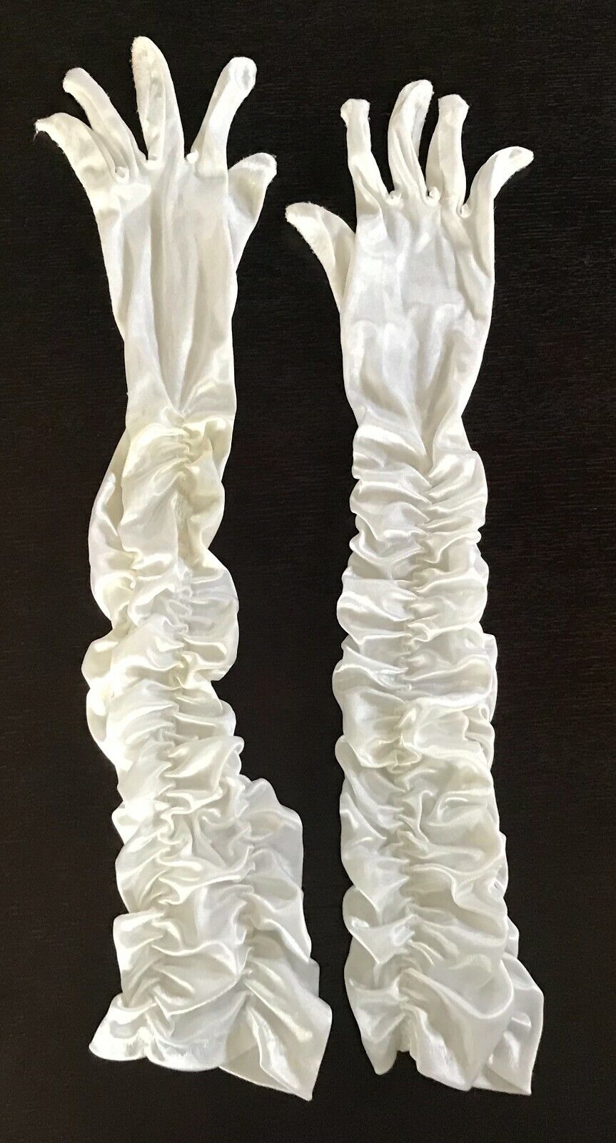 Vintage LONG GLOVES Nylon White Stretch Ruched Elbow Length Formal Opera Satin