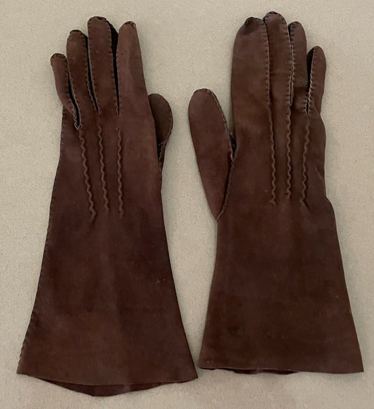 Vintage Hand GLOVES Brown Decorative Stitch Detailing Short  Ladies Size 6