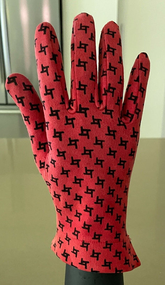 Vintage Hand GLOVES Short Cotton Rust Black Print Ladies Sz 6.5 Made in England