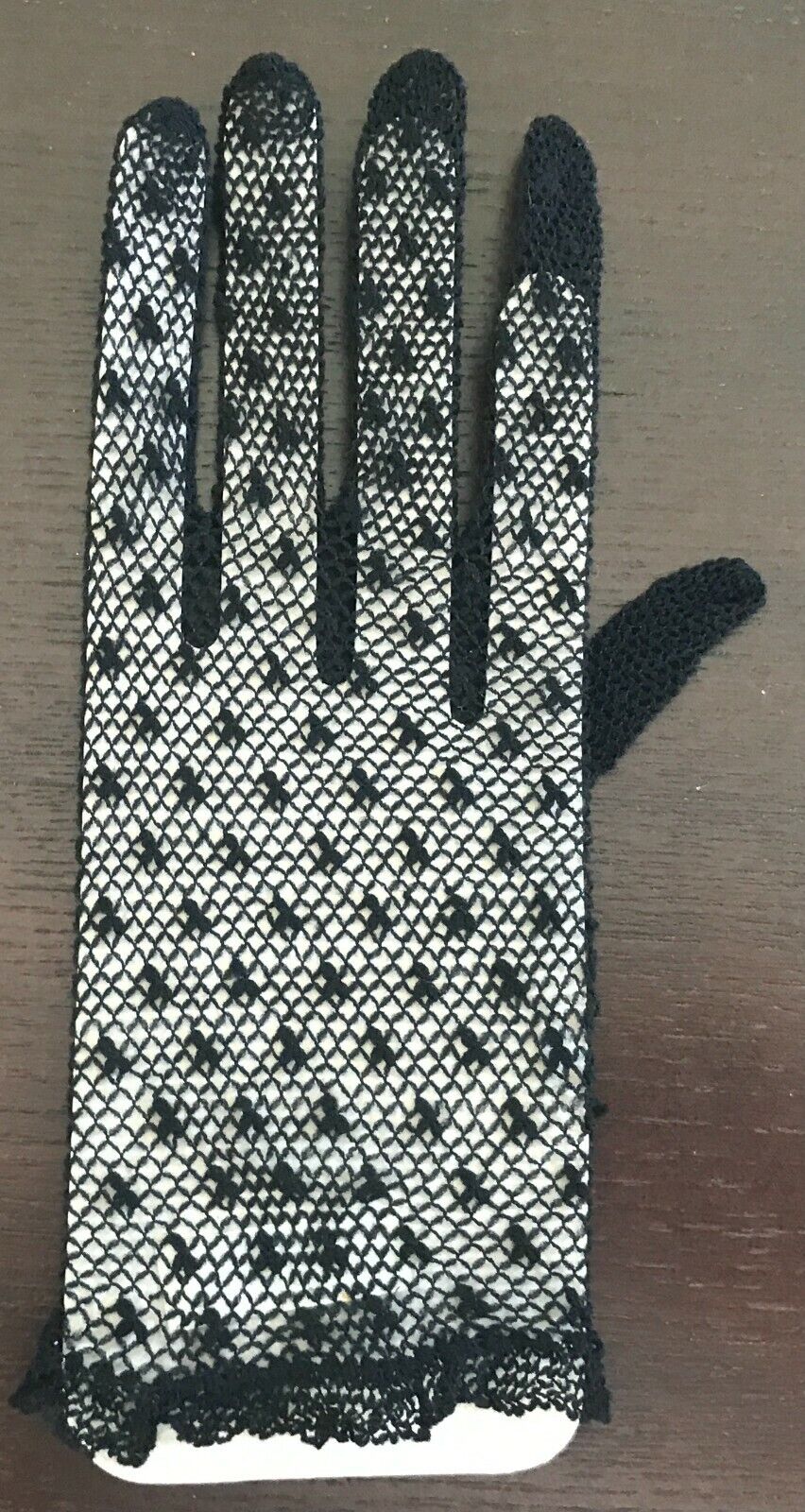 Hand Wrist Gloves 1980s Black Stretch Mesh Net w Polka Dots Dobby Womens NEW