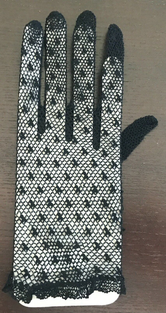 Hand Wrist Gloves 1980s Black Stretch Mesh Net w Polka Dots Dobby Womens NEW