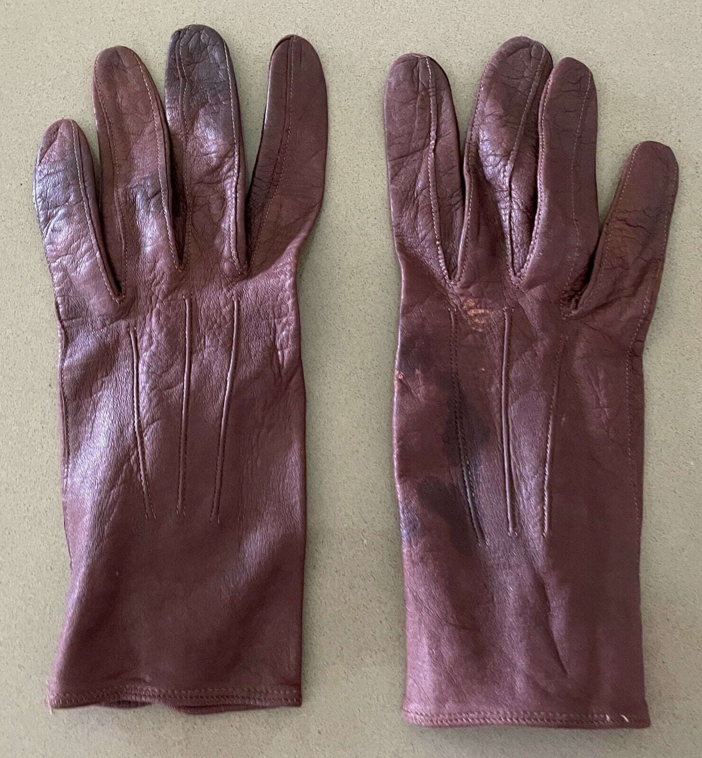 Vintage GLOVES Wrist Brown Nappa Leather Stitch Detail Press Stud Ladies Size 6