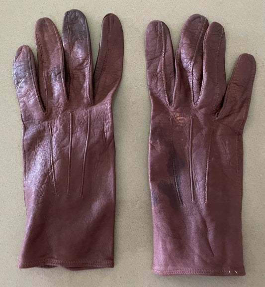 Vintage GLOVES Wrist Brown Nappa Leather Stitch Detail Press Stud Ladies Size 6