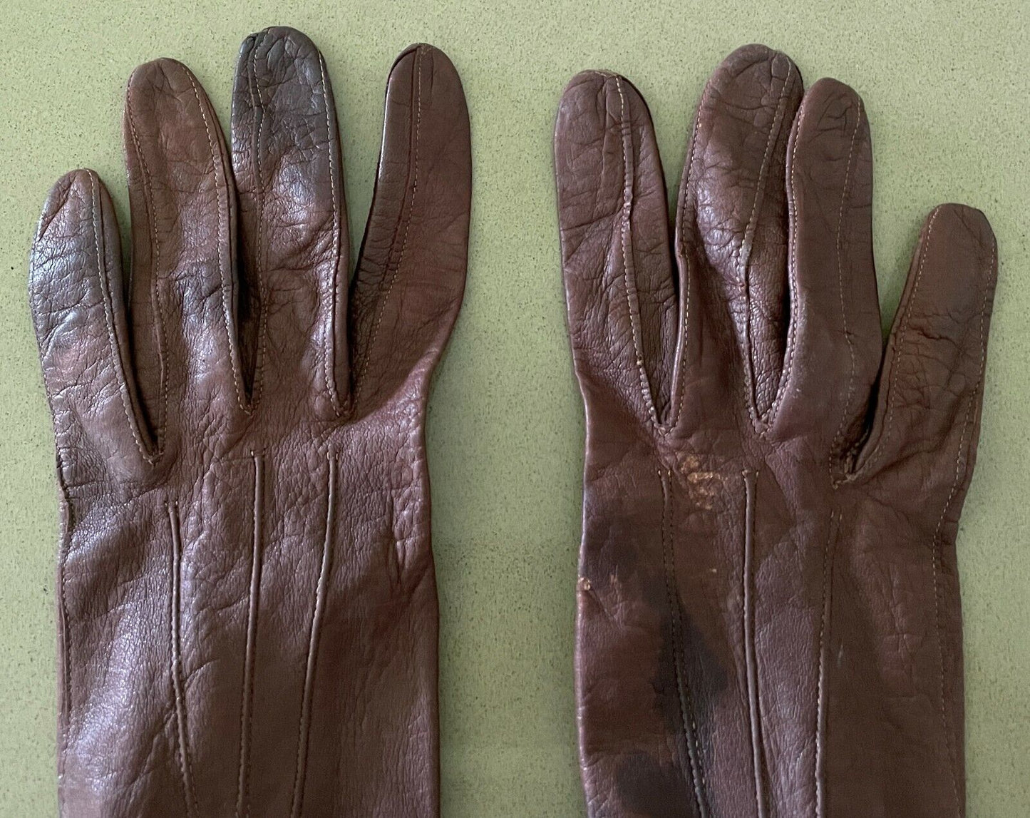 Vintage GLOVES Wrist Brown Nappa Leather Stitch Detail Press Stud Ladies Size 6