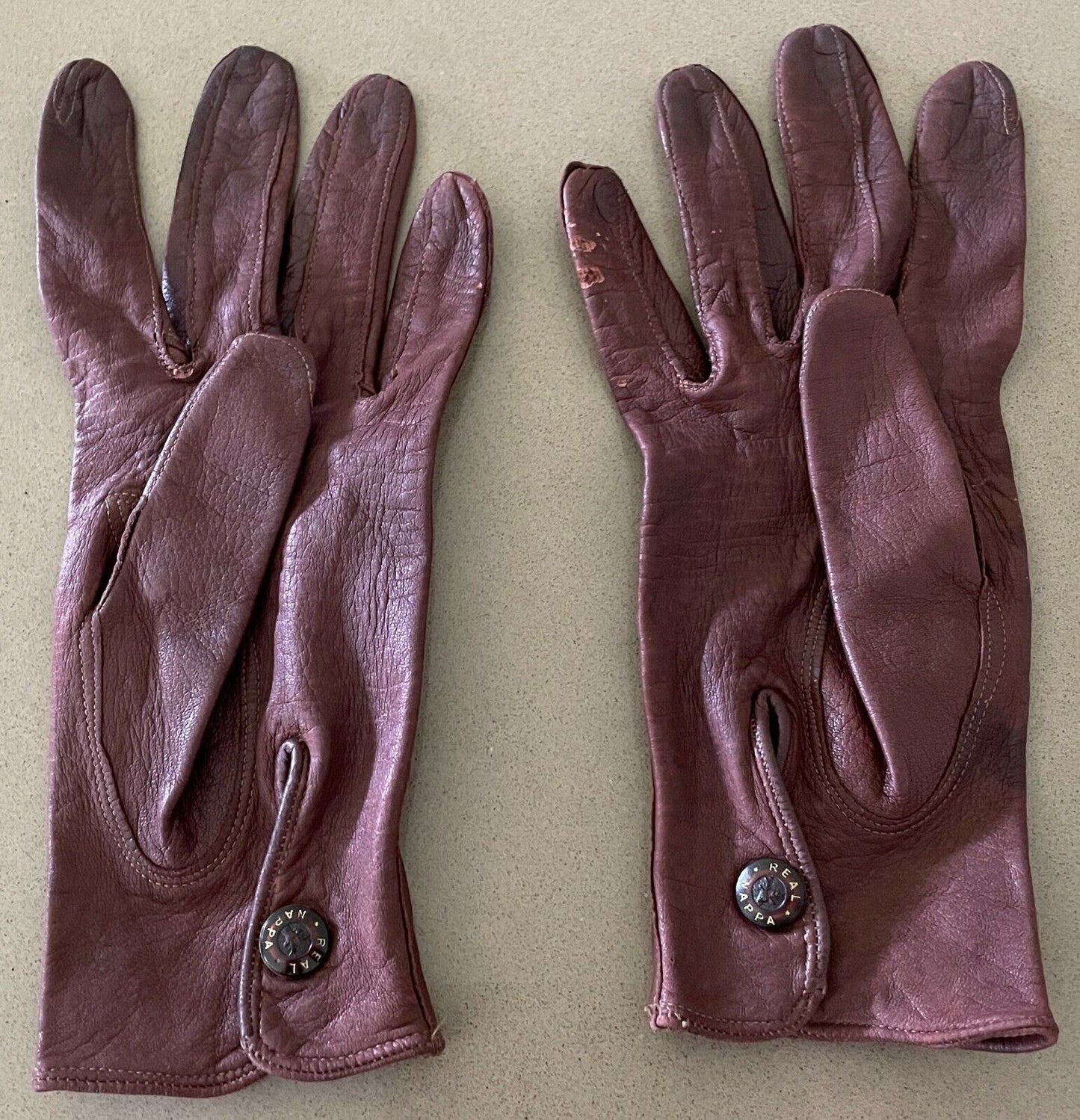 Vintage GLOVES Wrist Brown Nappa Leather Stitch Detail Press Stud Ladies Size 6
