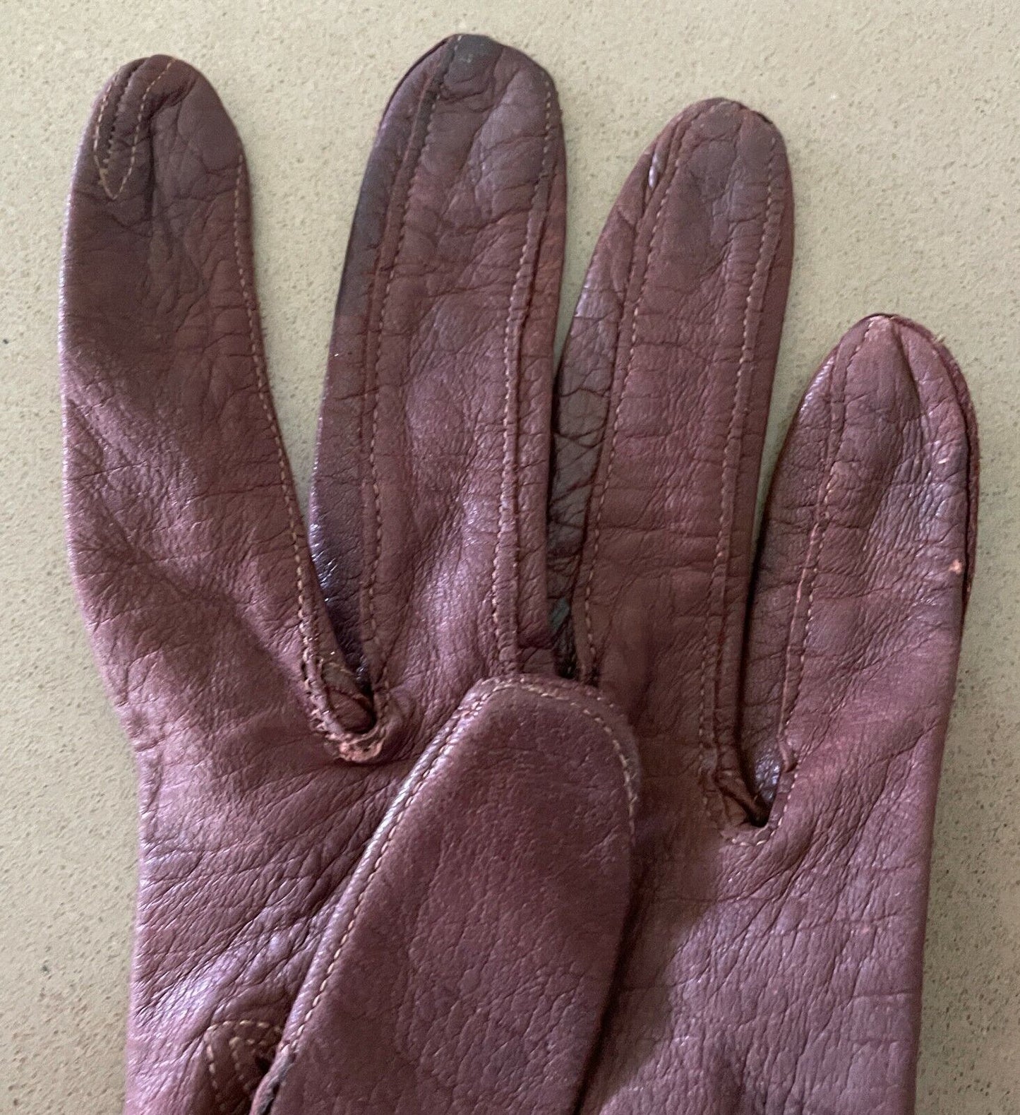Vintage GLOVES Wrist Brown Nappa Leather Stitch Detail Press Stud Ladies Size 6