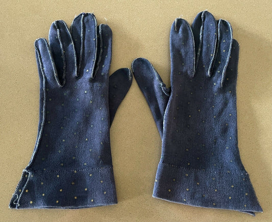 Vintage Hand GLOVES 1950s 1960s Navy & Gold Star Print Short Size See Below