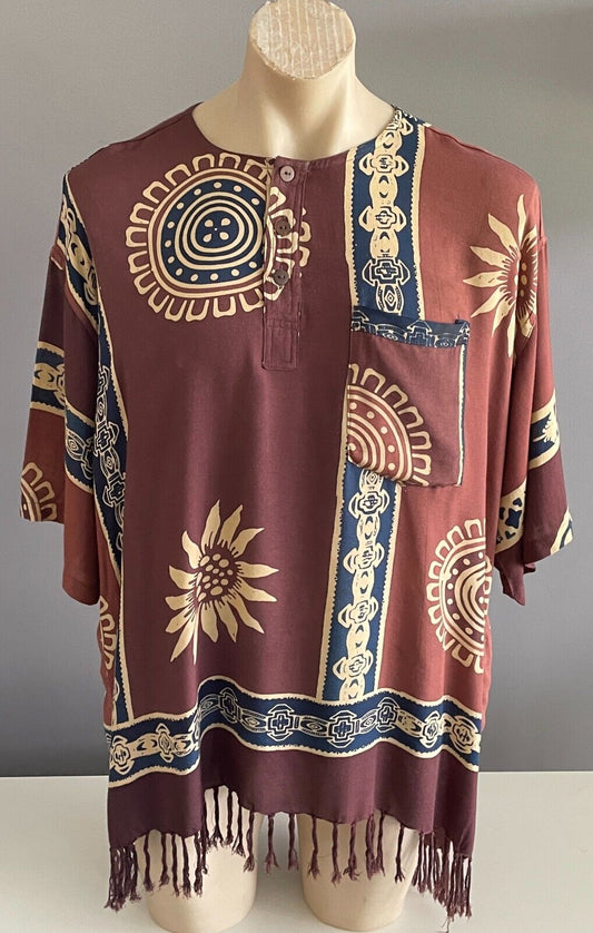 Mens Traditional African Batik Top Short Sleeve Brown Navy Fringe 130cm Chest