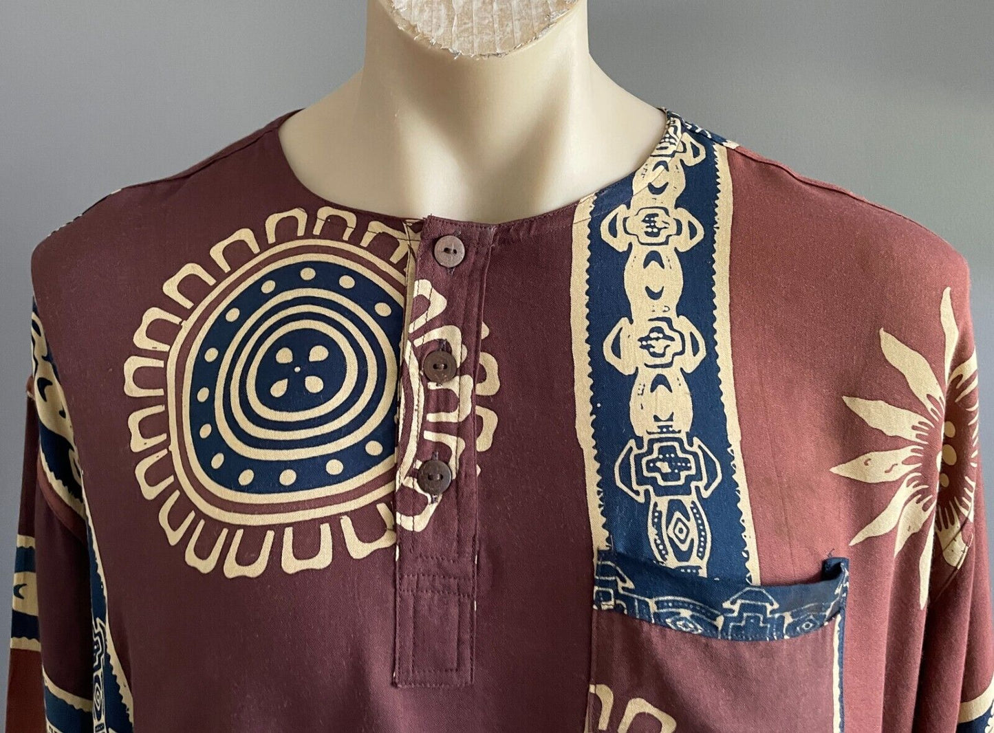 Mens Traditional African Batik Top Short Sleeve Brown Navy Fringe 130cm Chest