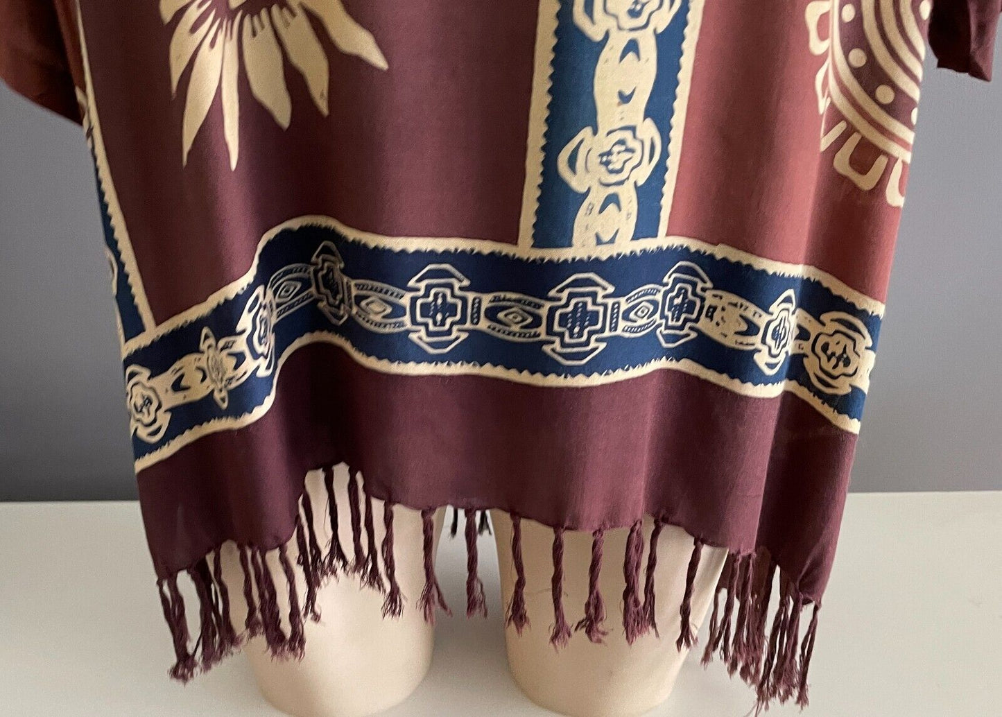 Mens Traditional African Batik Top Short Sleeve Brown Navy Fringe 130cm Chest