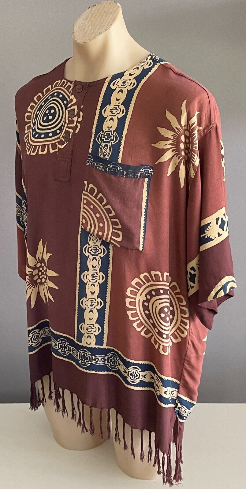 Mens Traditional African Batik Top Short Sleeve Brown Navy Fringe 130cm Chest