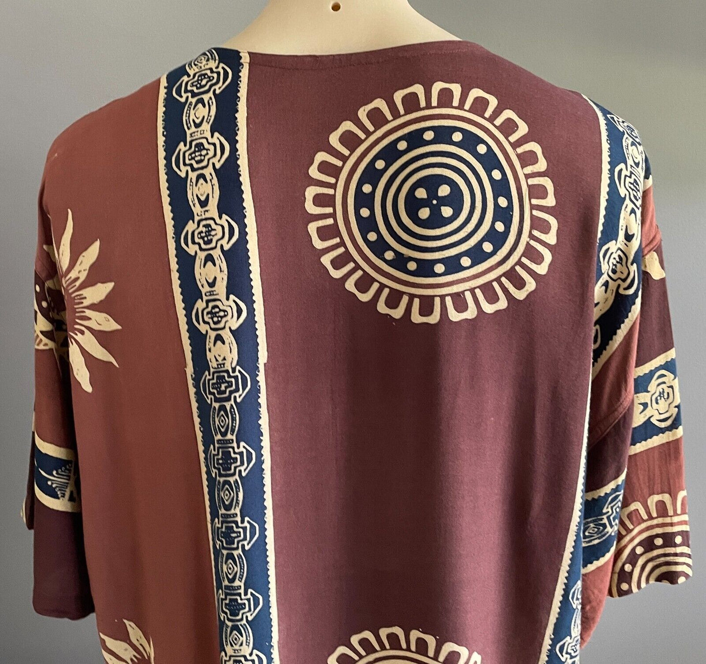 Mens Traditional African Batik Top Short Sleeve Brown Navy Fringe 130cm Chest