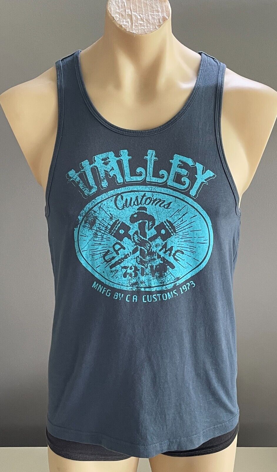 Mens VALLEY CUSTOMS Print Tank Top Navy Light Blue Sleeveless Size S Cotton NEW
