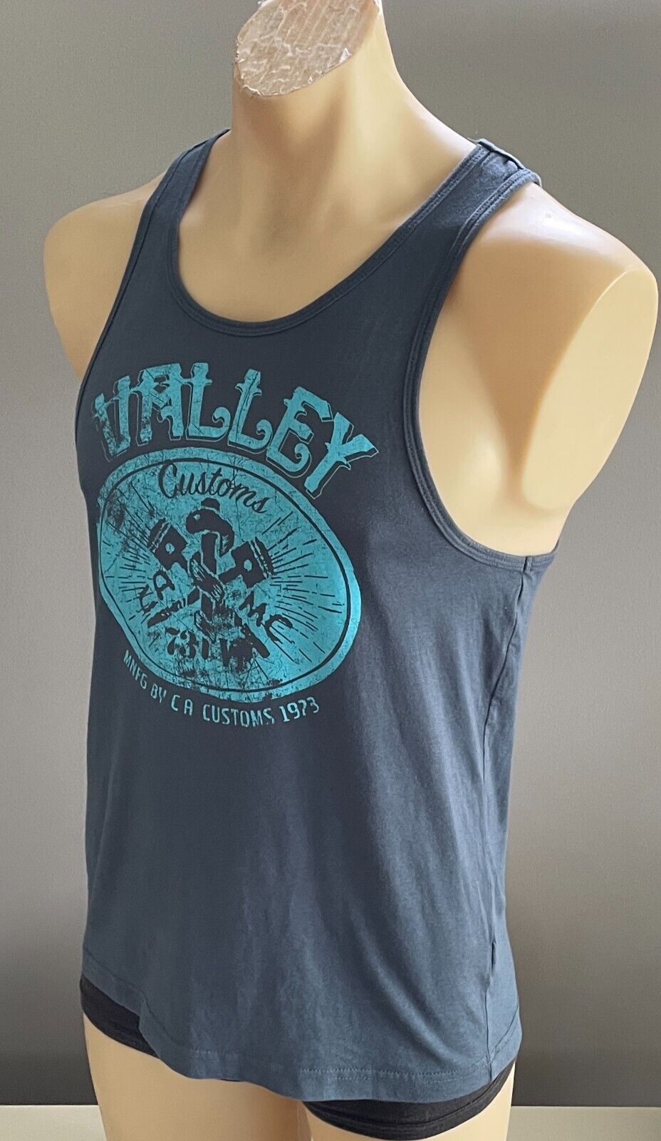 Mens VALLEY CUSTOMS Print Tank Top Navy Light Blue Sleeveless Size S Cotton NEW
