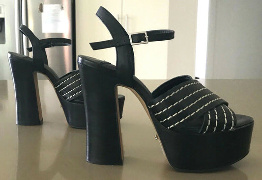 TONY BIANCO Leather Platforms Sandals Black  Block High Heel Peep Toe Ladies 5.5