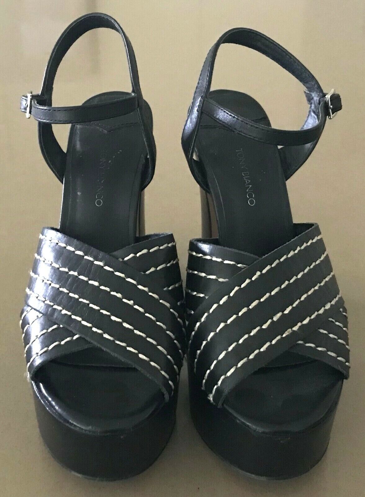 TONY BIANCO Leather Platforms Sandals Black  Block High Heel Peep Toe Ladies 5.5