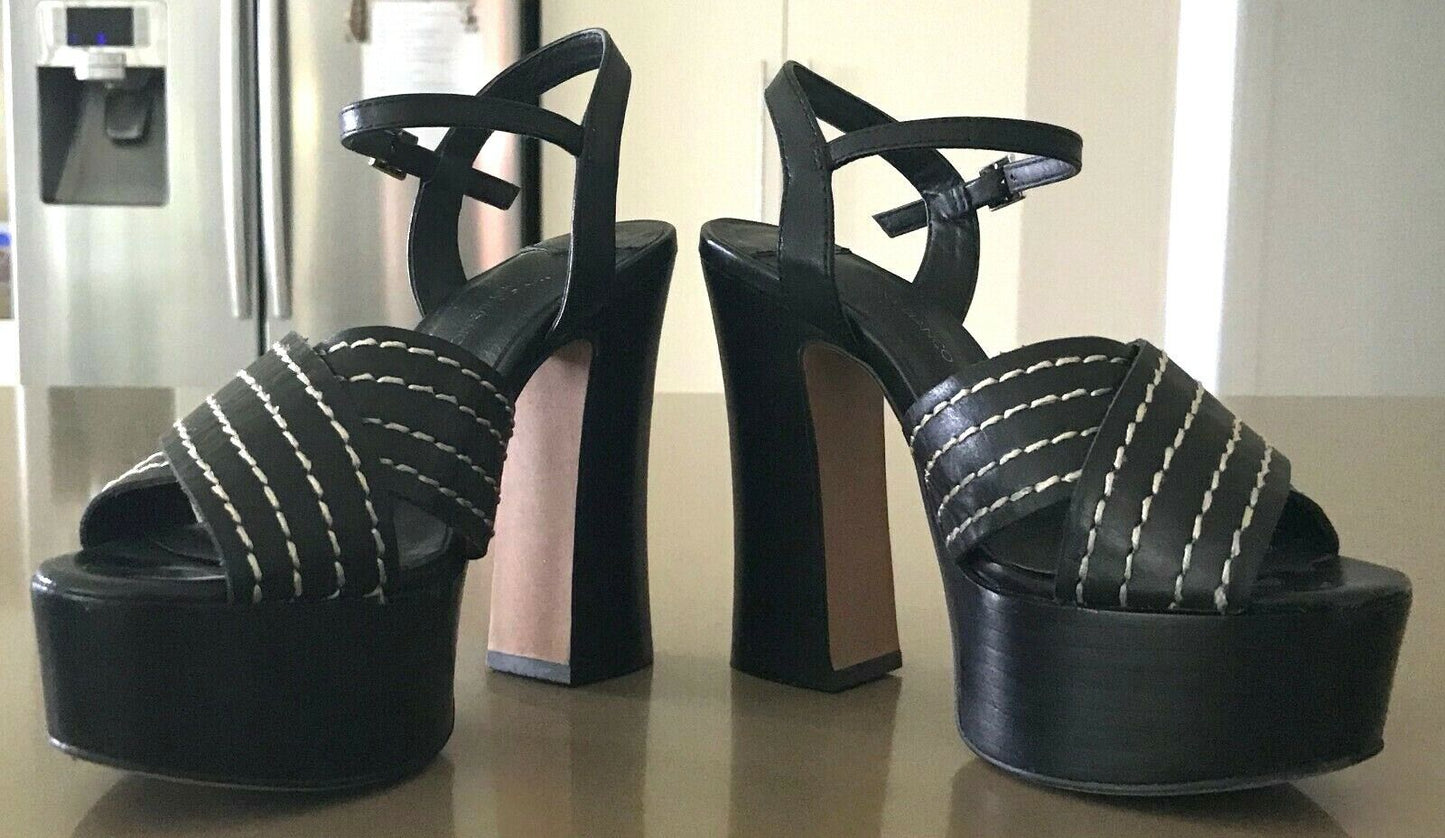 TONY BIANCO Leather Platforms Sandals Black  Block High Heel Peep Toe Ladies 5.5