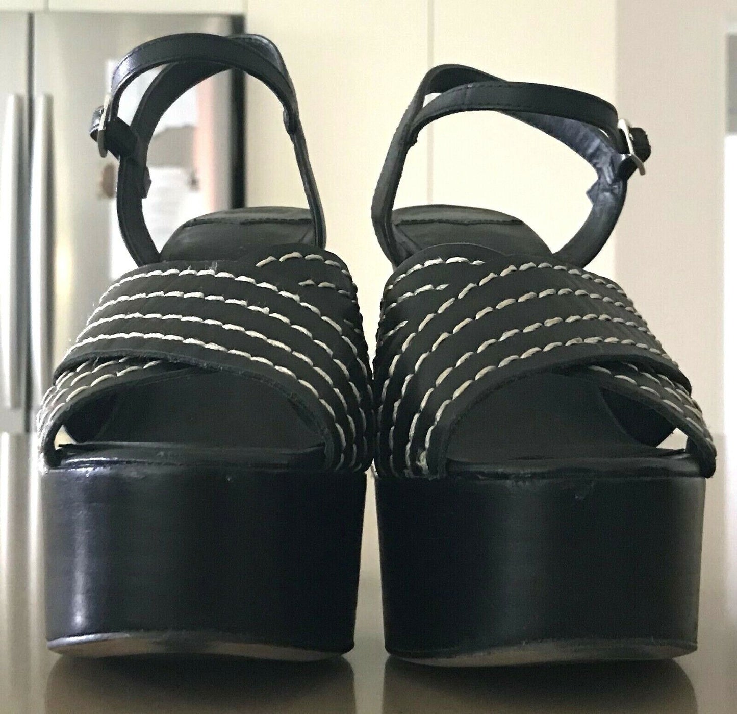 TONY BIANCO Leather Platforms Sandals Black  Block High Heel Peep Toe Ladies 5.5