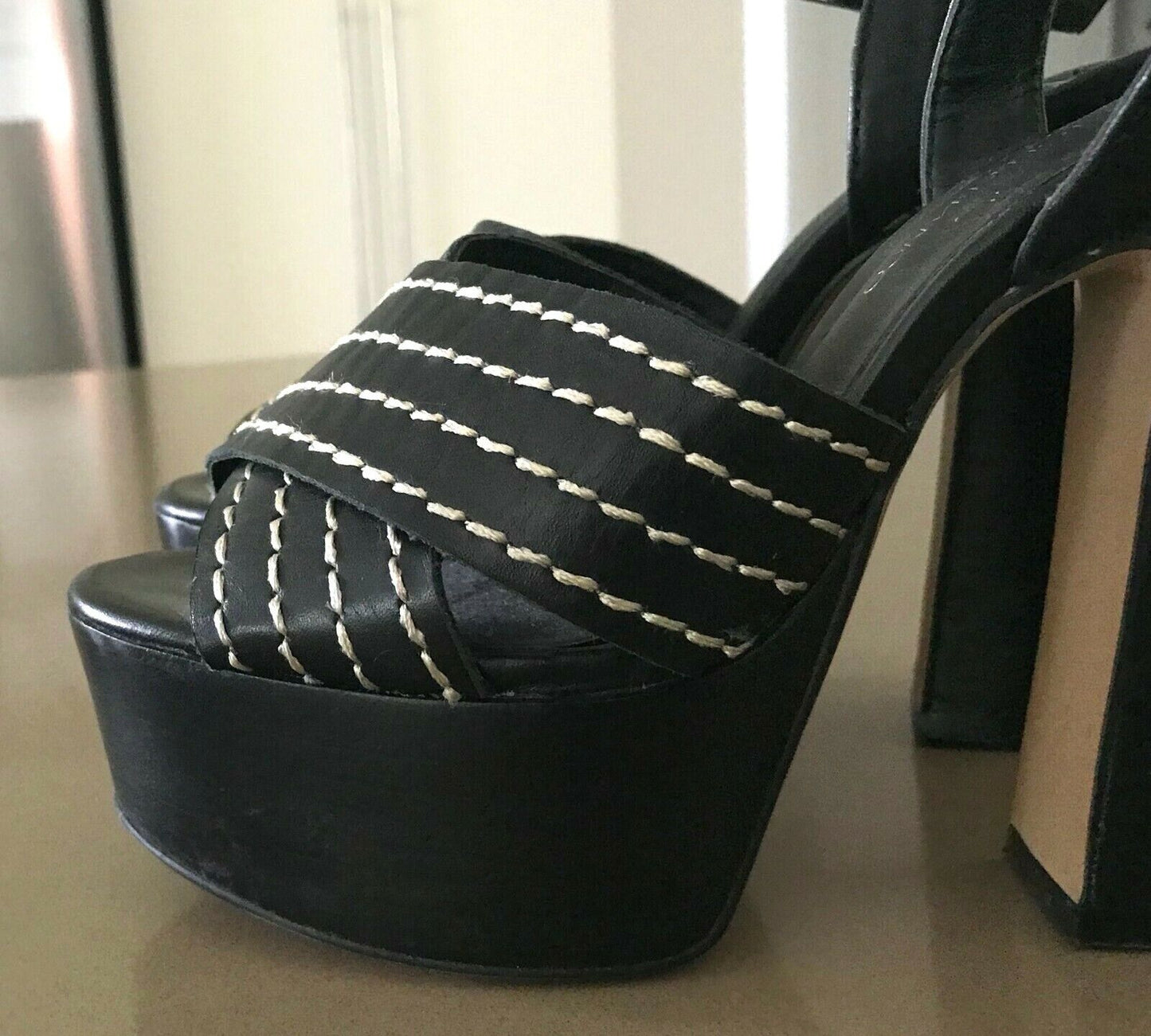 TONY BIANCO Leather Platforms Sandals Black  Block High Heel Peep Toe Ladies 5.5