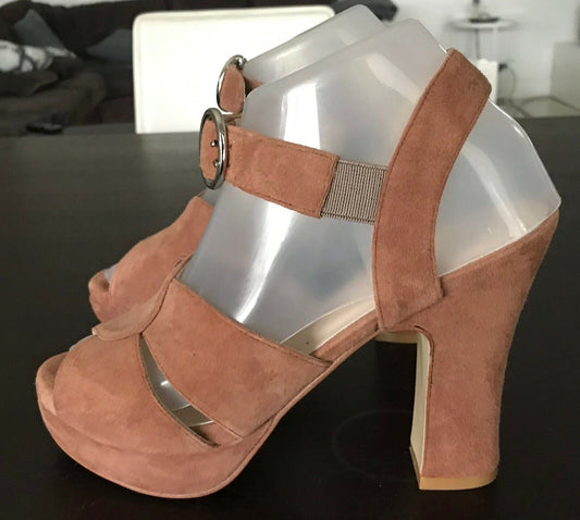 ZOMP Peep Toe Sandals Tan Suede Leather Platform Chunky Block High Heel Size 38