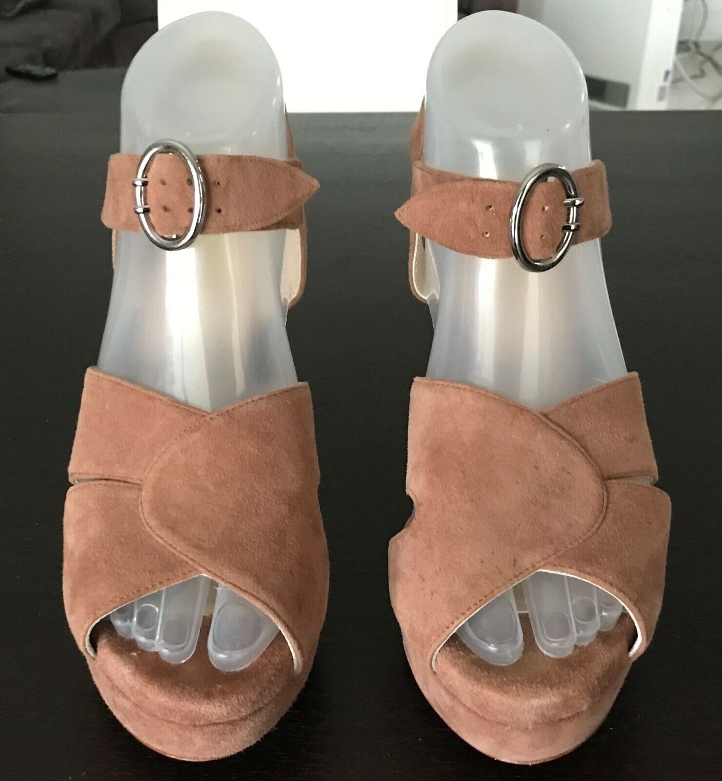 ZOMP Peep Toe Sandals Tan Suede Leather Platform Chunky Block High Heel Size 38