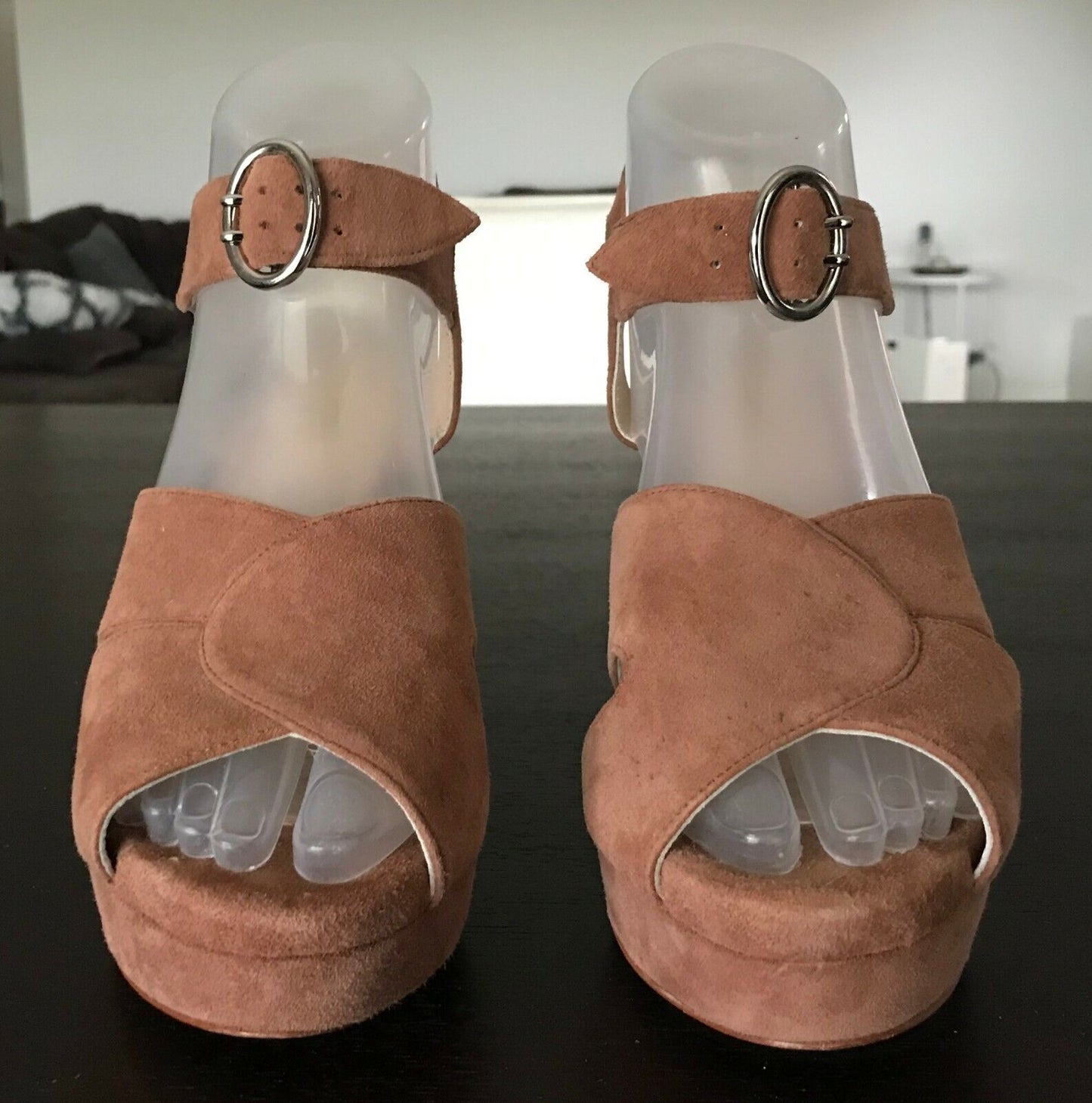 ZOMP Peep Toe Sandals Tan Suede Leather Platform Chunky Block High Heel Size 38