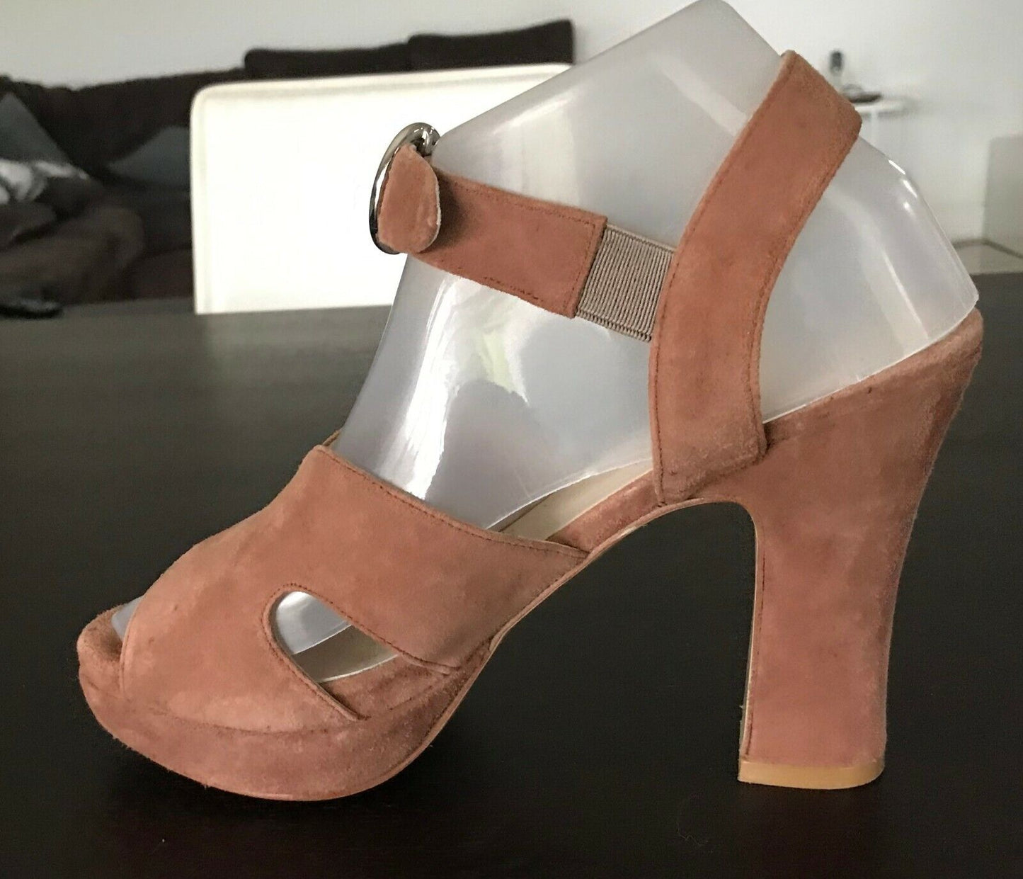 ZOMP Peep Toe Sandals Tan Suede Leather Platform Chunky Block High Heel Size 38