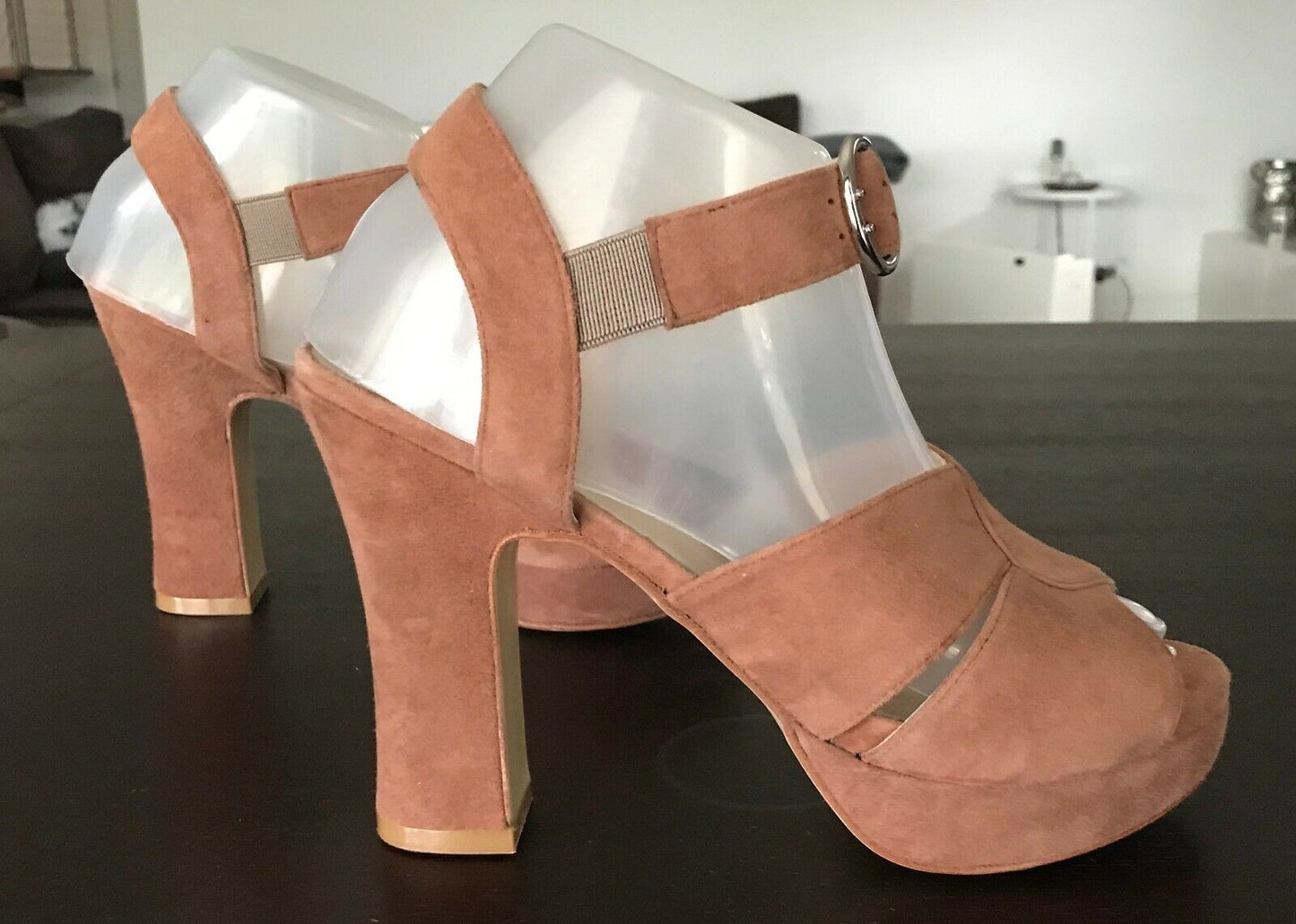 ZOMP Peep Toe Sandals Tan Suede Leather Platform Chunky Block High Heel Size 38