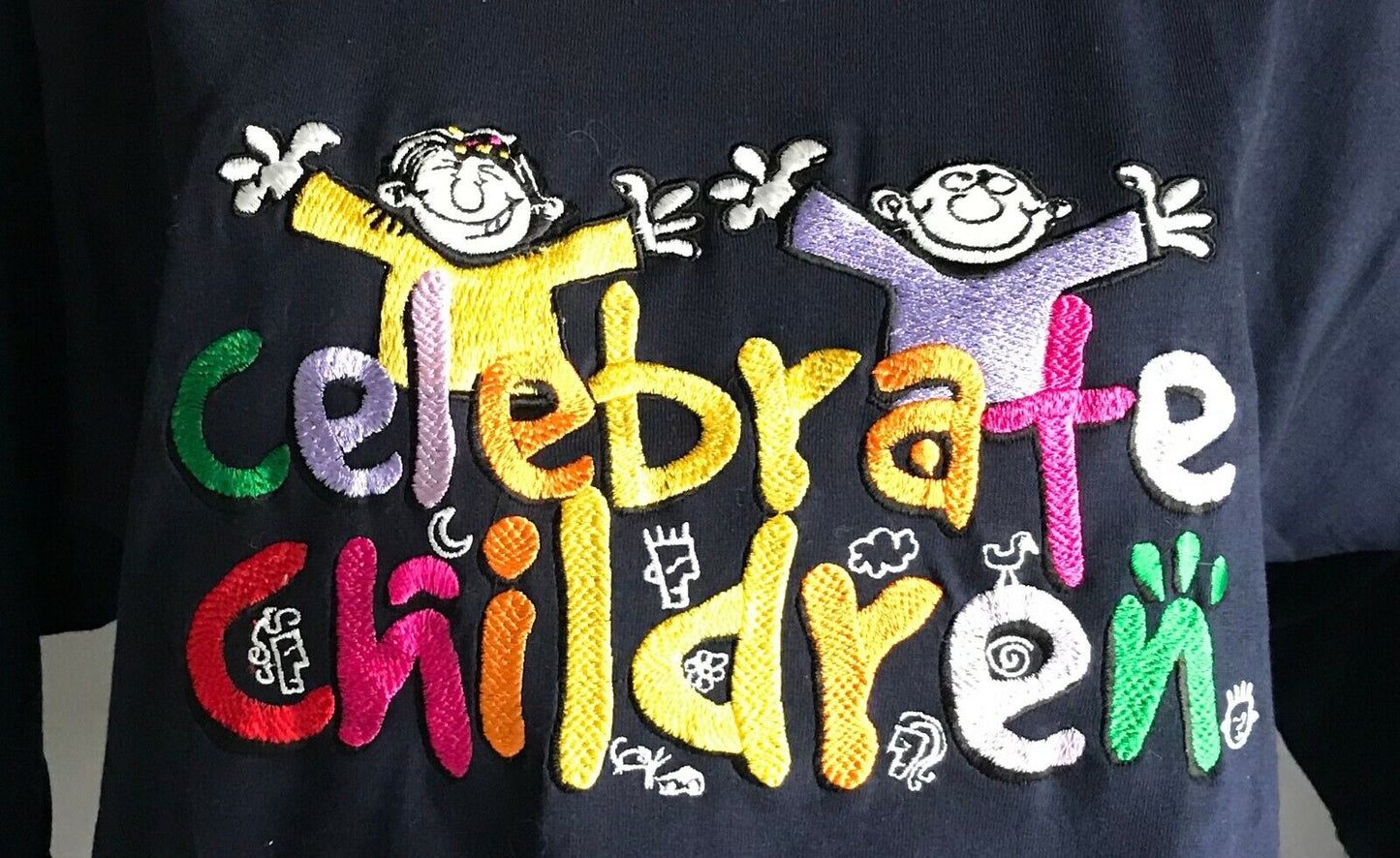 Unisex "Celebrate Children" T-Shirt Embroidered Logo Motif Size L Navy Blue NEW