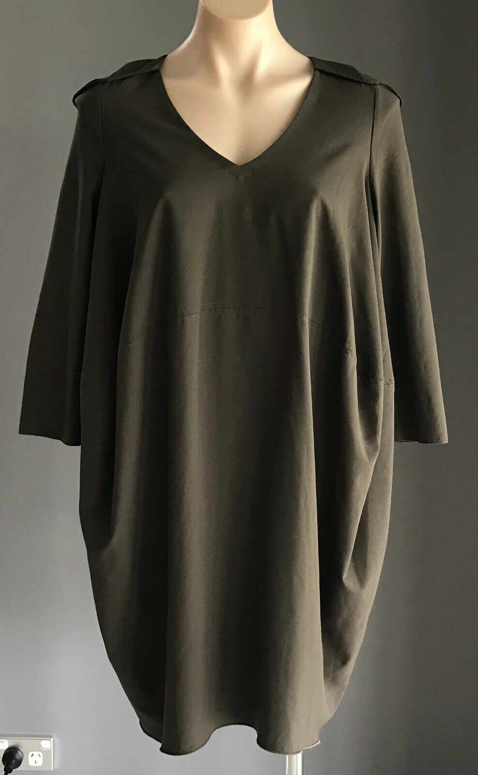 MIDAH Cocoon Style Dress Relaxed Khaki 3/4 Sleeve Frock Ladies Size S 10