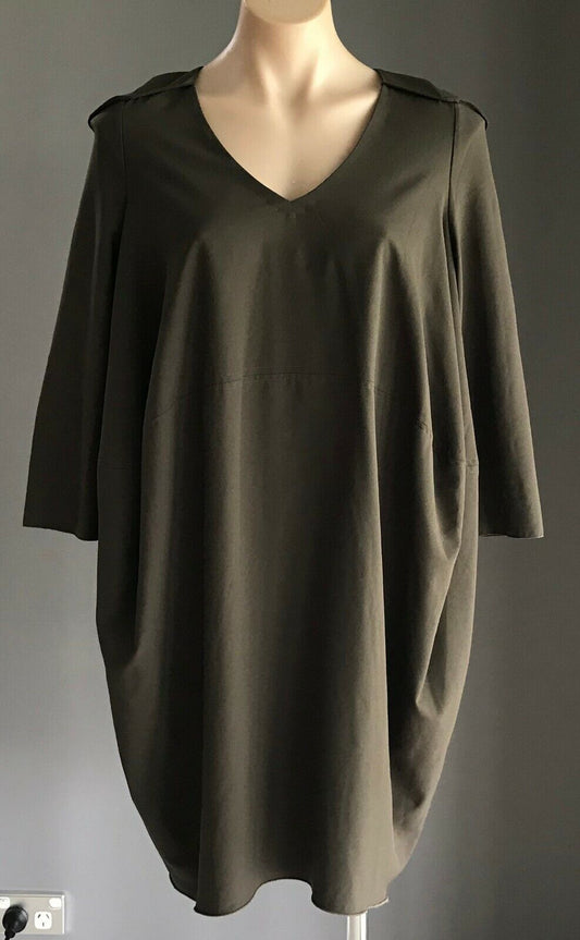 MIDAH Cocoon Style Dress Relaxed Khaki 3/4 Sleeve Frock Ladies Size S 10