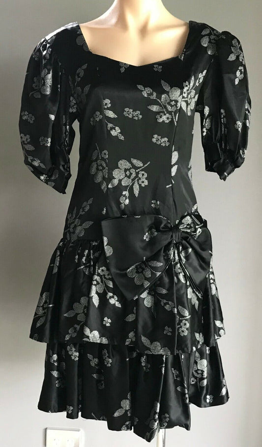 Vintage 1980's Taffeta Bridesmaids Dress Black Silver  Floral Satin Bow Size 10