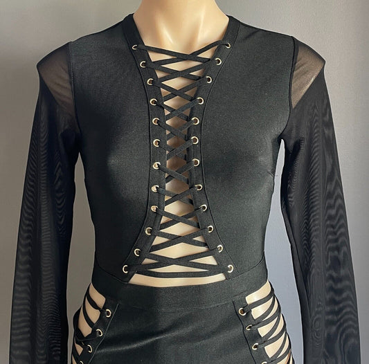 FASHION NOVA "Love Me Lace Me" Black Stretch Sheer Sleeves Bandage Dress Size S