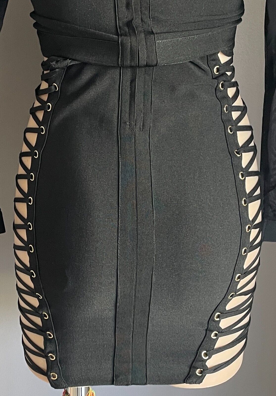 FASHION NOVA "Love Me Lace Me" Black Stretch Sheer Sleeves Bandage Dress Size S