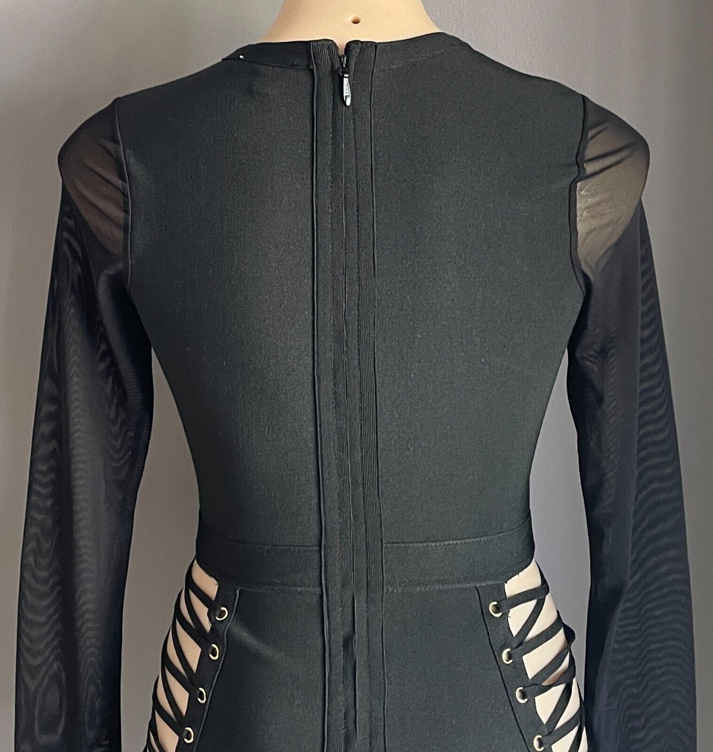 FASHION NOVA "Love Me Lace Me" Black Stretch Sheer Sleeves Bandage Dress Size S