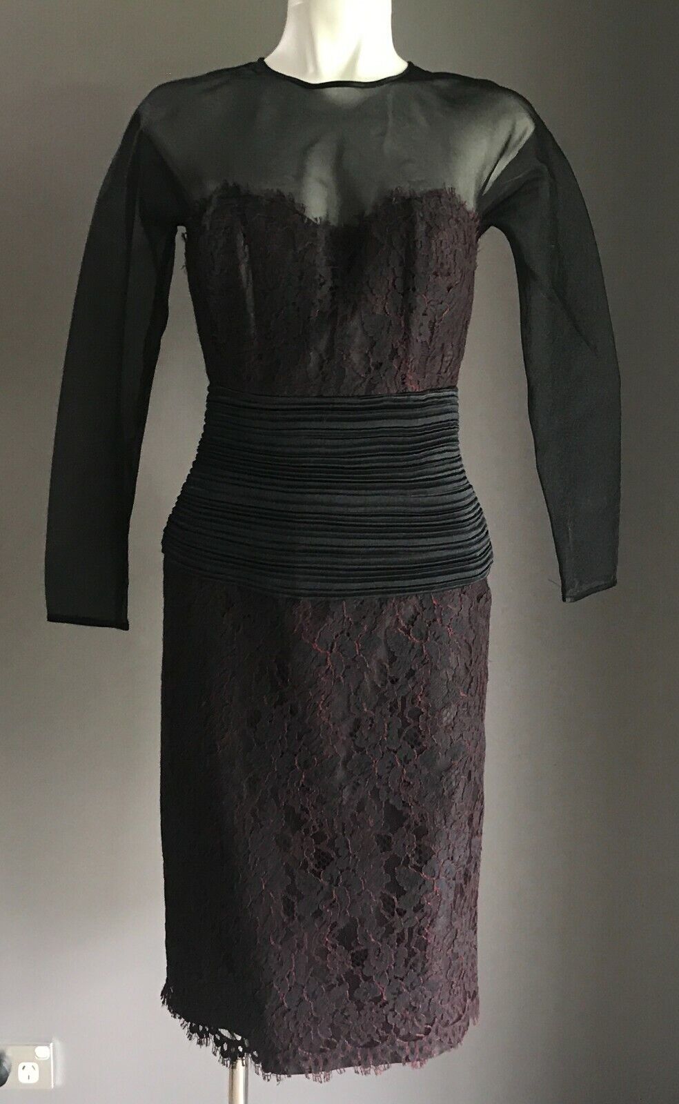 EWALDO BOCK Sheath Dress Sheer Black Organza & Black Red Lace Size 10 1980s