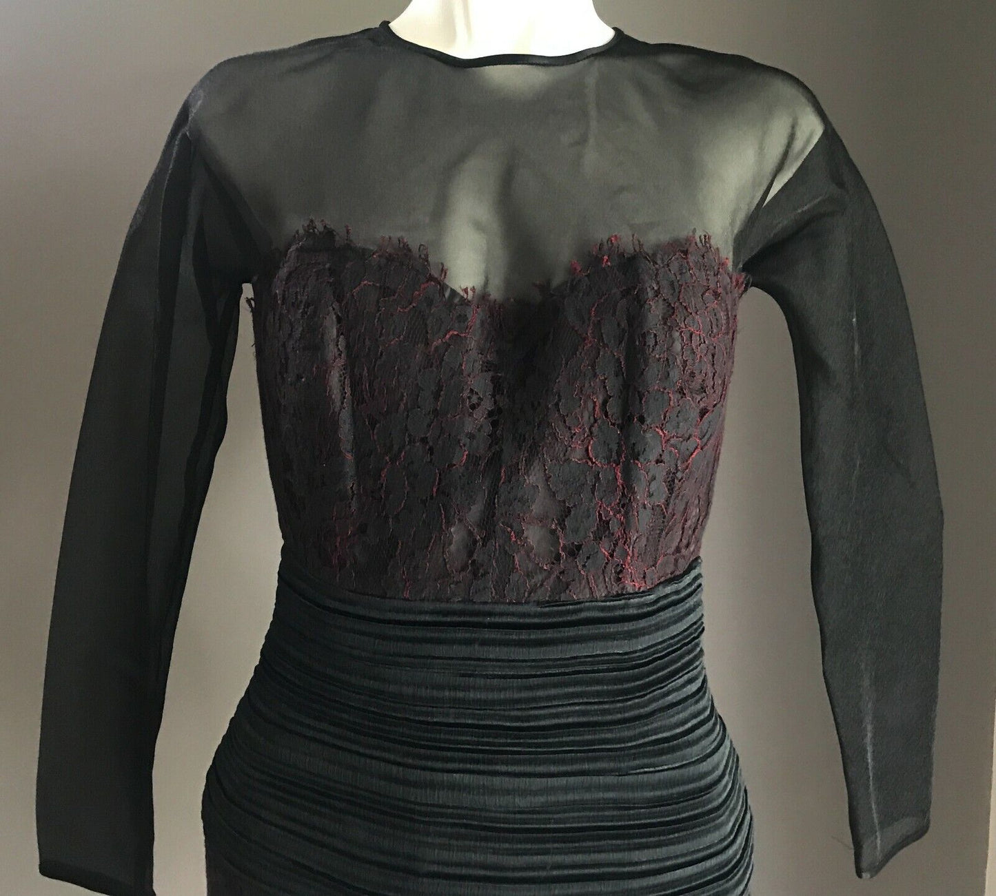 EWALDO BOCK Sheath Dress Sheer Black Organza & Black Red Lace Size 10 1980s