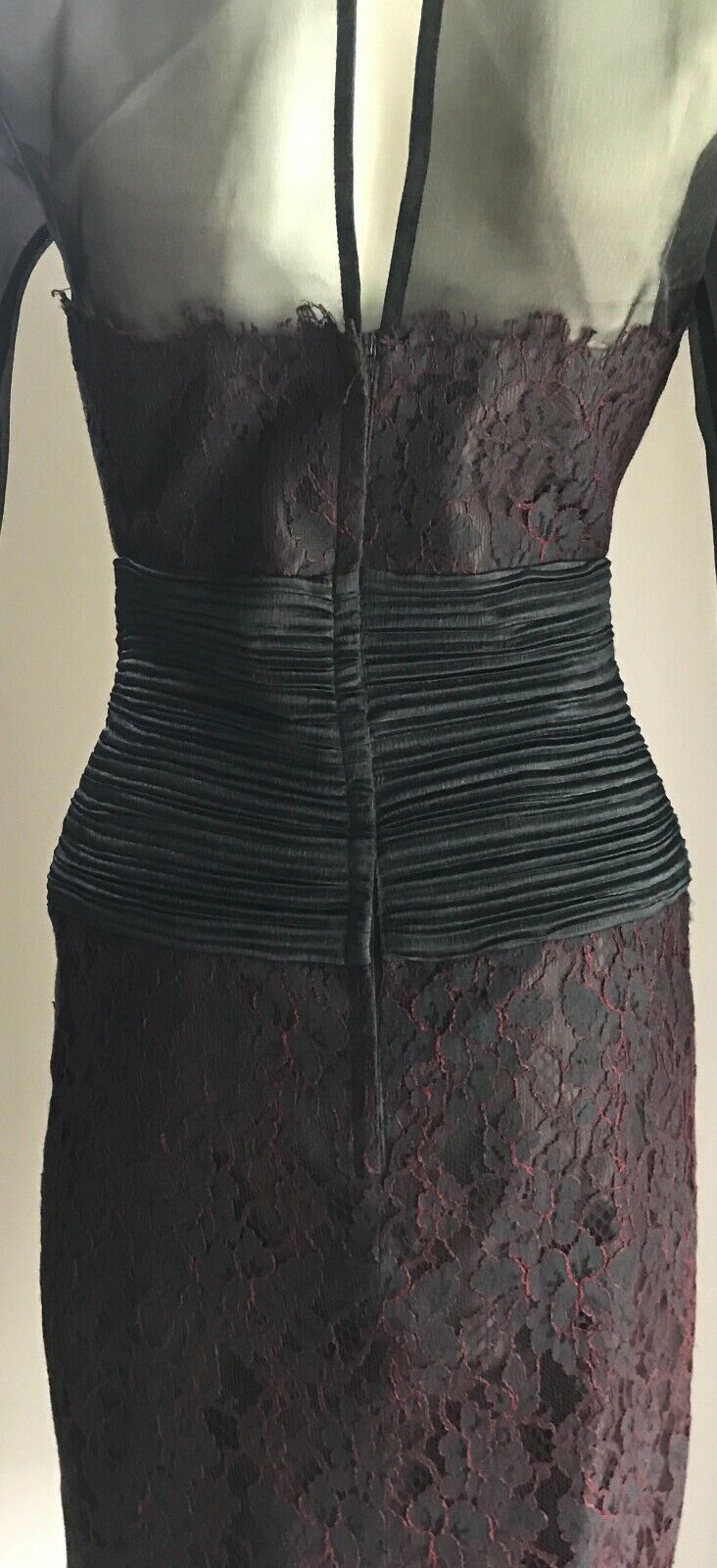 EWALDO BOCK Sheath Dress Sheer Black Organza & Black Red Lace Size 10 1980s