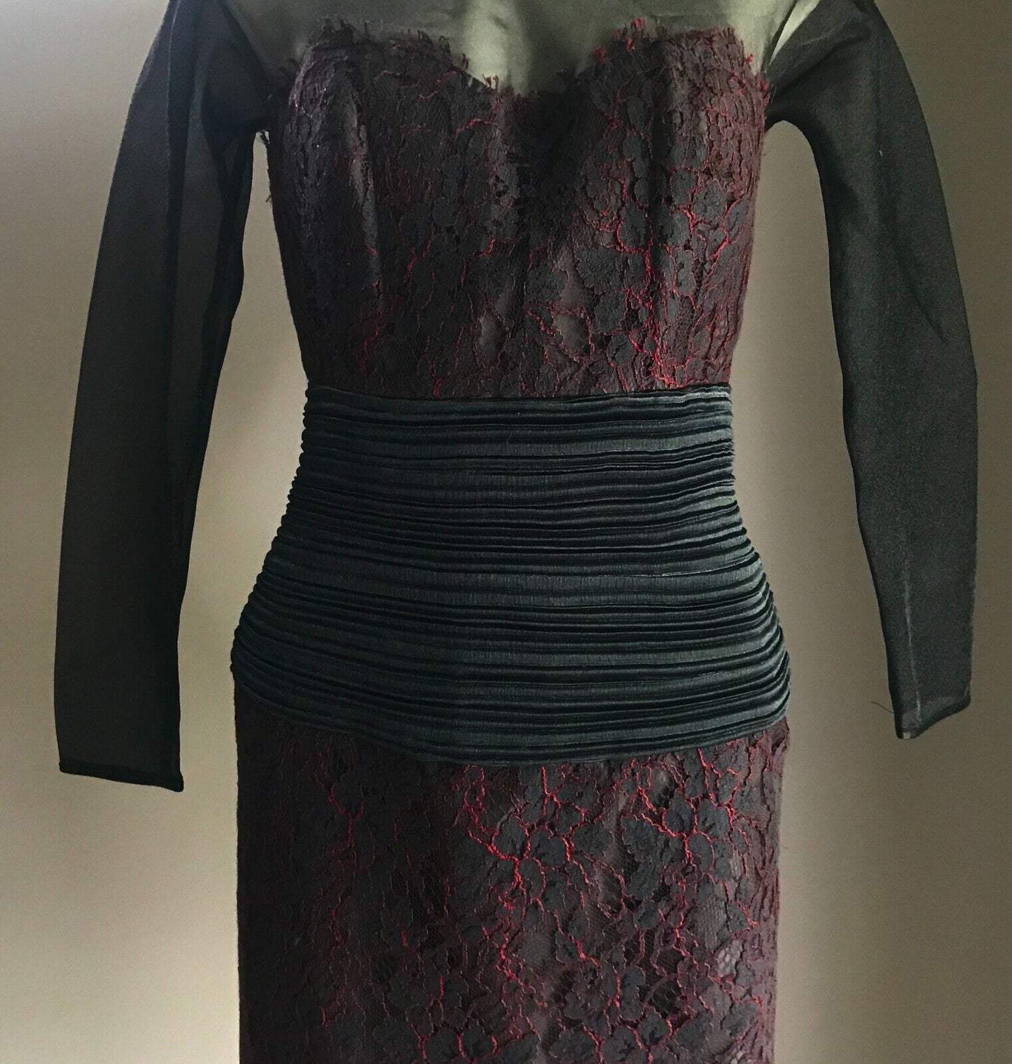 EWALDO BOCK Sheath Dress Sheer Black Organza & Black Red Lace Size 10 1980s