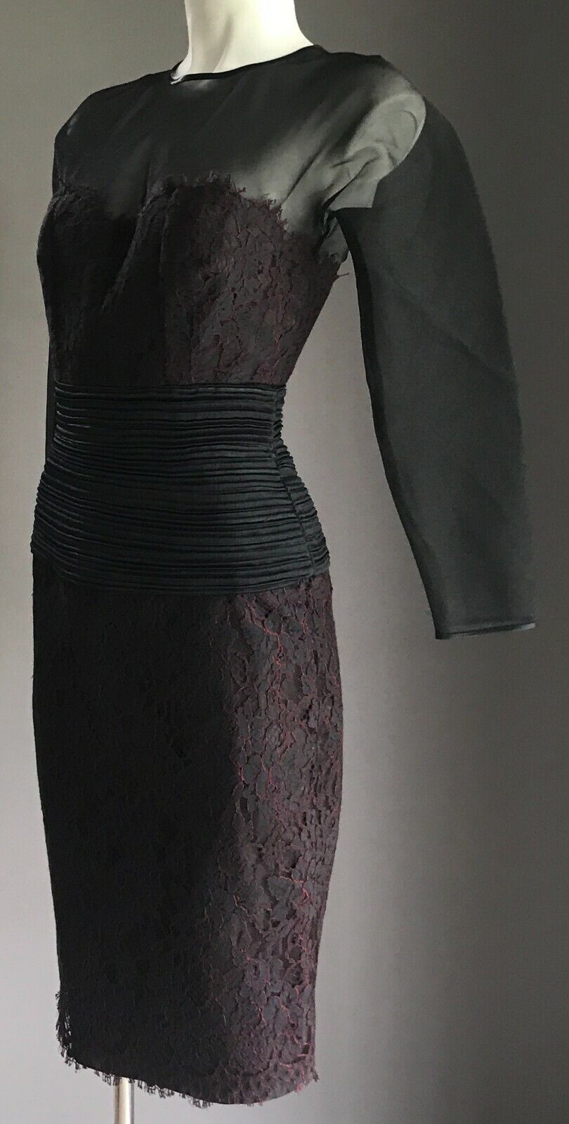 EWALDO BOCK Sheath Dress Sheer Black Organza & Black Red Lace Size 10 1980s
