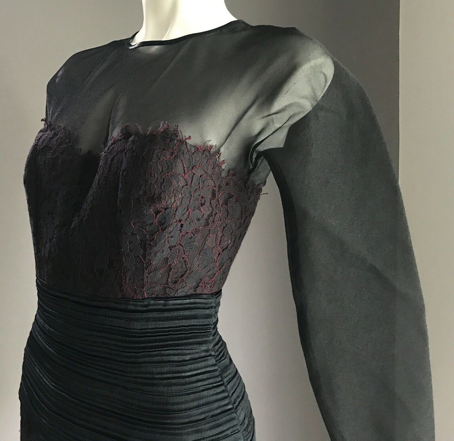EWALDO BOCK Sheath Dress Sheer Black Organza & Black Red Lace Size 10 1980s